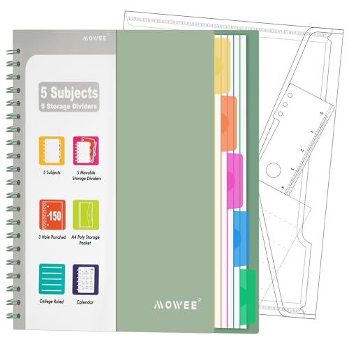 Image of 5-Subject Spiral Notebook, College Ruled, with Pocket & Tab Dividers | 300 Pages, 11 inch Ruler, 8.5 inchx11 inch Forest Green, Pocket Dividers with Labels, for Writing Journal, Home, Office & School Supplies