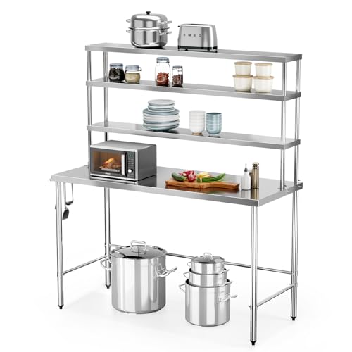 ROVSUN Open Base Stainless Steel Table with Overshelves 60