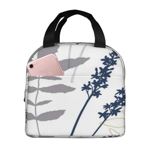 断熱ランチバッグ、大容量、防水、熱漏れ防止、スタイリッシュで丈夫、仕事、学校、アウトドア活動に便利、男女兼用(花柄の野生の花、シダの葉、常緑樹の松の枝)