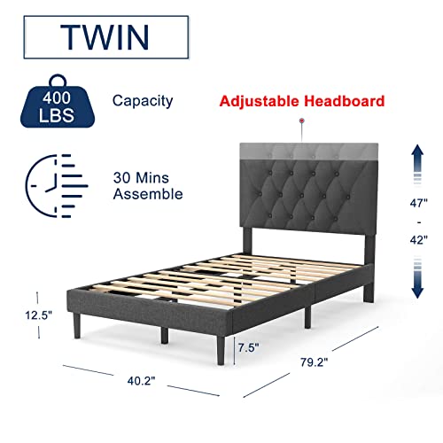 Molblly Twin Size Platform Bed Frame With Adjustable Headboard, Linen Fabric Wrap, Strong Frame And Wooden Slats Support, No Box Spring Needed, Non-Slip And Noise-Free, Easy Assembly, Dark Grey #TOP1