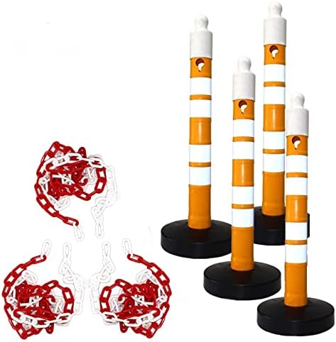 Delineator Set 4 Pcs Outdoor Warning Post with 3 Pcs 3Mtr Plastic Chain | 110x1200MM Sand Filled Weighted Base Channelizer Post | Reflective Stanchion Set Yellow with Attachable Plastic Chain