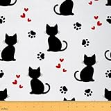 Black Cat Outdoor Fabric By The Yard, Cute Cat Lover Upholstery Fabric for Chairs, Cat Paw Print Fabric, Cartoon Lovely Black Cats Pet Animal Decorative Fabric for Home DIY Projects 1 Yard