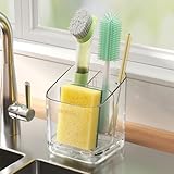 Minimalist Sponge Holder for Kitchen Sink, 3 Slots Sink Caddy with Removable Divider and Drip Tray, Clear PET Countertop Organizer to Free up Kitchen Sink Space