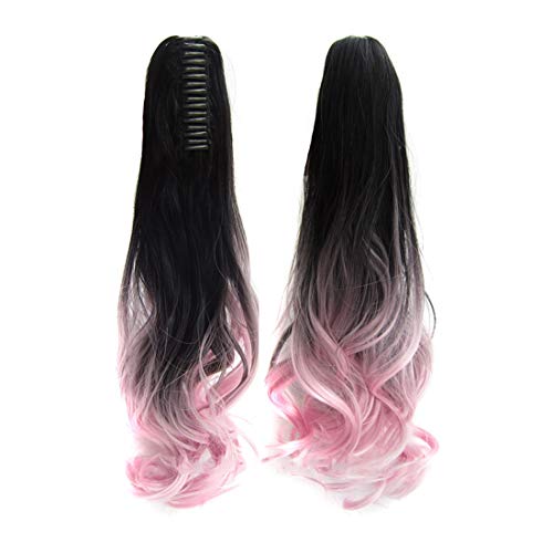 Beauty Wig World 21inch 55cm Two Tone Long Wave Curly Woman Claw Clip Ponytail Clip on/in Hair Extensions (Black to Light Pink)