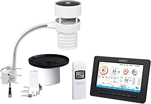 ECOWITT Estación meteorológica Wi-Fi HP2553 con pantalla a color de 7 pulgadas, 3 en 1, sensor exterior inalámbrico 7 en 1, WS69 con sensor de anemómetro ultrasónico con pluviómetro para casa y