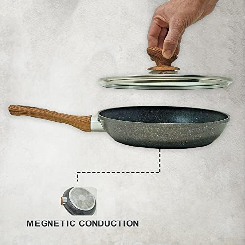 AEX Non-Stick Copper Frying Pan with Wooden Handles | Suitable for Induction, Electric and Gas Hobs | Stone Frying Pan | Anti-Scratch Pans (24 Cm with Lid)