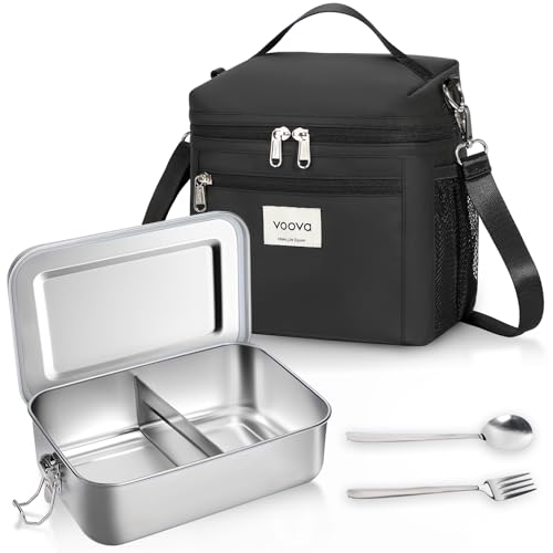 Voova Stainless Steel Lunch Box with Lunch Bag and Cultery Set for Adult Women Men, Leakproof Lunch Bento Boxes Food Container, Metal Food Storage for Travel, Work, Black