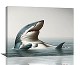 Shark Wall Decor Shark Drinking Coffee Wall Art Bathroom Canvas Funny Animals Pictures Coastal Canvas Prints Painting Framed Artwork for Bathroom Living Room Bedroom Kitchen 16'x12'
