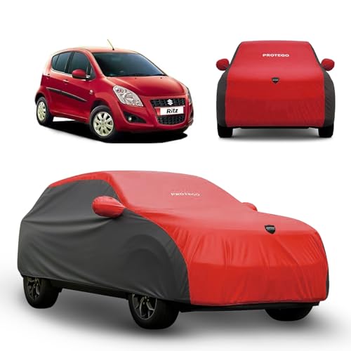 Image of PROTEGO Prime Series India's 1st Anti-Tear Car Cover for Maruti Suzuki Ritz | Heavy-Duty, Custom Fit, All Weather | 100% Waterproof, Windproof & Hail Resistant | 2-Year Warranty | Red + Black