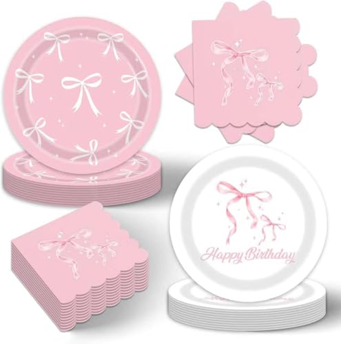 Assiettes et serviettes de table nœud rose pour éviter la vaisselle de fête