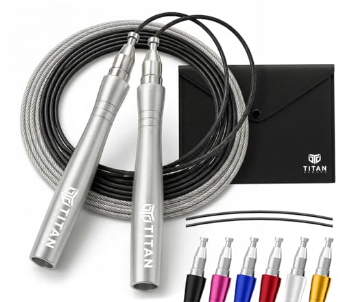 Titan Armour® Speed Rope – Professionelles selbstsicherndes & verstellbares, schnelles Springseil für Erwachsene für Fitness | 2 x Stahlseile | Kabelschutz & Reiseetui | Springseil Crossfit, Boxen