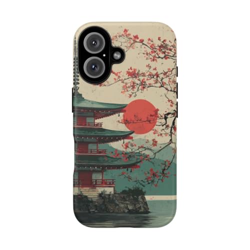 Coque rigide mate iPhone 16 pagode soleil rouge - Protection fine anti-rayures