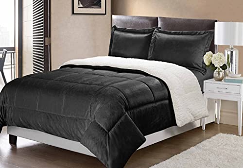 Swift Home Collection Ultra-Plush Reversible Micromink And Sherpa 3-Piece Down Alternative Comforter With Pillow Shams, Luxury Bedding Set, Black, Full #TOP1