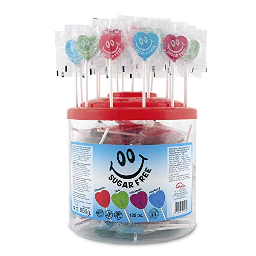 Caramelos Cerdán - Piruletas Corazón sin Azúcar Sabores Variados | Tarro de 125 Unidades | Caramelo Duro con Palo sin Gluten ni Alérgenos | Ideal para San Valentín y Cumpleaños