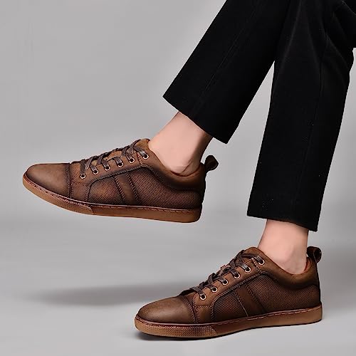 Image of Men's Casual Sneakers Fashion Oxford Sneaker Shoes Embossed Nubuck Brown Leather Daily Shoe for Men Size 7