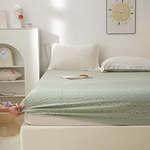 Image of HIGHBUY 100 Percent Soft Cotton Floral Pattern Fitted Sheet Twin Size Green Flower Printed Twin Kids Bedding Deep Pocket 1 Piece KDS Bed Sheet Comfortable (Queen, Style-A)