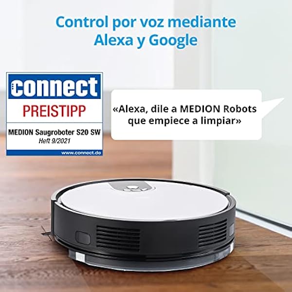 MEDION Robot Aspirador y Friegasuelos con función de fregado y tecnología ciclónica S20 SW (Control a través de la App, Modelo 2021, aspira y friega, 100 min. de Funcionamiento, estación de Carga