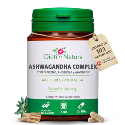Ashwagandha KSM-66® Complex – Magnesio, Ginseng, Rhodiola y Eleuterococo – Adaptógeno para Estrés, Cortisol, Energía y Concentración – 60 Cápsulas Veganas