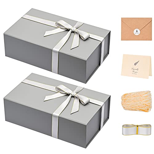 Image of LIFELUM 2 Pack Large Gift Boxes with Lids,13.85 x 8.35 x 4.45 inch Gift Box Rectangle Collapsible Box Groomsmen Gift Boxes for Presents with Ribbon, Card, Shredded Paper Filler