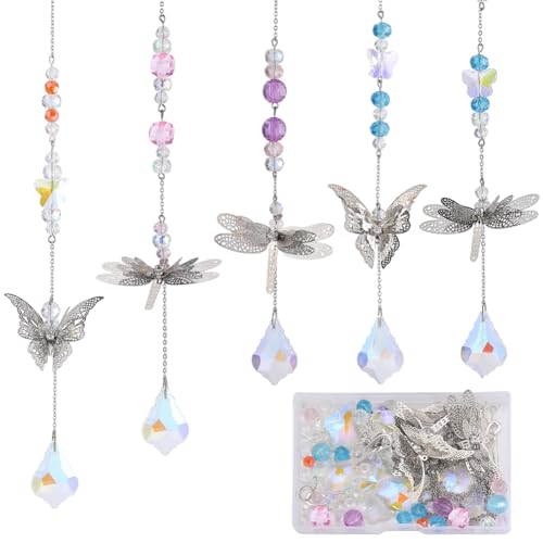 SUNNYCLUE 1 Box DIY 5 Sets Garden Suncatchers Rainbow Maker Suncatcher Prism Glass Crystal Beads Colorful Sun Catchers Making Kit Filigree Metal Butterfly Dragonfly Linking Charms for Window Door