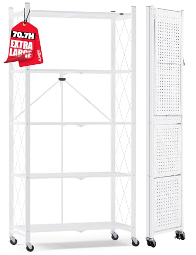 Image of ALANNG 70.7 inch H Metal Storage Shelves, 5 Tier Folding Shelf on Wheels, Heavy Duty, No Assembly, Rolling, Collapsible Rack Unit for Kitchen, Basement, Pantry (White,1 Pack)