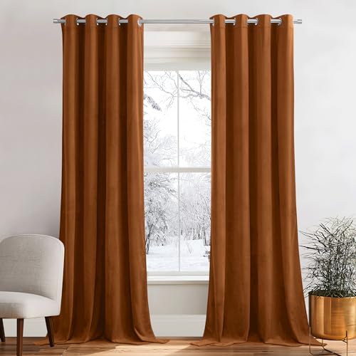 PONY DANCE Samt Gardinen Wohnzimmer Modern Samt Vorhang Thermo Kälteschutz 2er Set H 240 x B 132 cm Weiche und Schwere Samtvorhänge mit Ösen Verdunkelnde Vorhäng (Gewicht: 300g/m²), Karamell