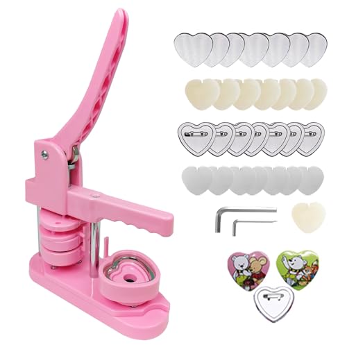 Machine de Fabrication de Boutons, Machine à Badge en Forme de Cœur à Faire Soi-même Presse à Poinçonner pour Badges en Acier Inoxydable avec 100 Pièces Boutons (rose)