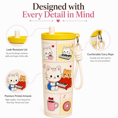 Image of Vasukie Cat Water Bottle Straw Lid and Carrying Strap - Stainless Steel Travel Cup Tumbler - Cute Cat Character Drinkware for Girls, Women. (Character May Vary)