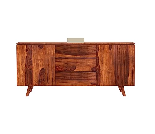 Image of Solid Sheesham Wood Wooden Sideboard Storage Cabinet : Ideal for Living Room and Bedroom with 3 Drawers and 2-Shelf Storage (Honey Finish)