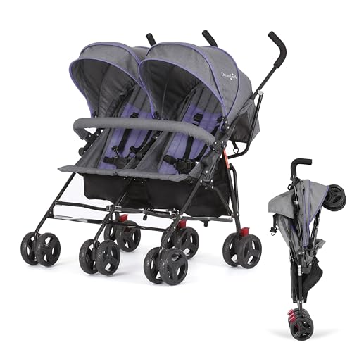 Dream On Me Volgo Twin Baby Stroller, Lightweight Side-by-Side Double Umbrella Stroller with Adjustable Canopy, 5-Point Harness, Storage Basket & Travel-Friendly Fold – Purple