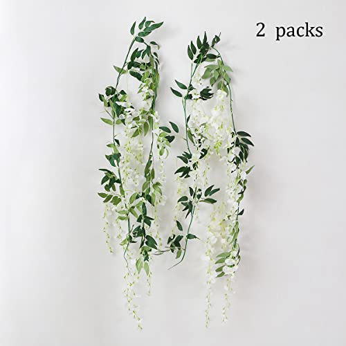 JUSTOYOU 2PCS 7FT Artificial Wisteria Vine Garland Fake flower Wisteria Garlands for Outdoor Indoor Wedding Wall Badroom Decoration(White)