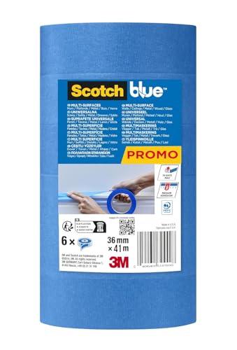 ScotchBlue Premium Malerabdeckband Universal - 6 Rollen, 36 mm x 41 m - Vielseitiges Scotch Klebeband für Malerarbeiten und Dekoration, für Innen und Außen, Abklebeband/Kreppband - 70% PEFC