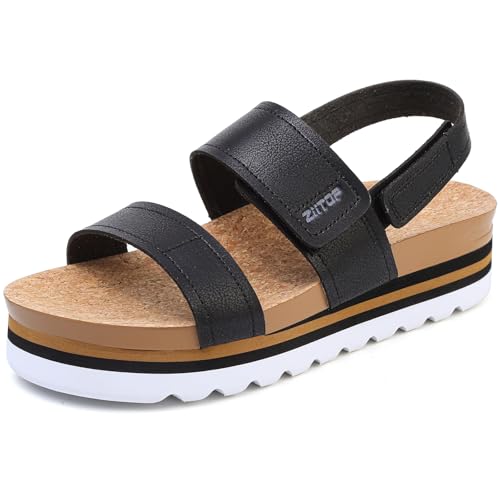 ziitop Sandalias ortopédicas de plataforma para mujer, con cuña de ajuste ancho, plantilla de corcho, tiras ajustables, puntera abierta, zapatos gruesos para playa y verano, Black, 41 EU