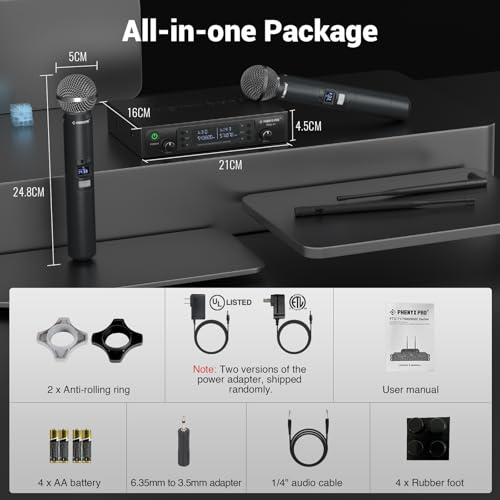 Image of Wireless Microphone System, Phenyx Pro Dual UHF Cordless Mic Set with Handheld Mics, All Metal, 2x200 Channels, Interference-Free Long Distance Operation, Ideal for Karaoke, Church, (PTU-71A)