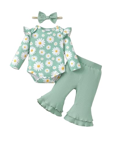 Image of SUNNY PIGGY Baby Girl Clothes Newborn Infant Outfits Ruffle Long Sleeve Romper Pants Set with Headband