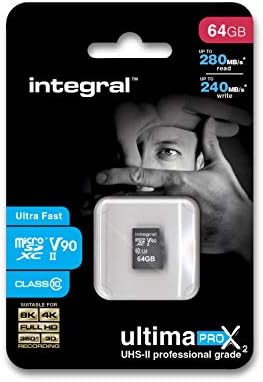 Integral - Micro SD XC 64Go, Carte Mémoire Ultima Pro x2 Ultra Haute Vitesse jusqu'à 280Mb/s, Pour Enregistrements Video 4K, 8K, 360, 3D, Classe 10, UHS-II, U3, V90 + Adaptateur SD