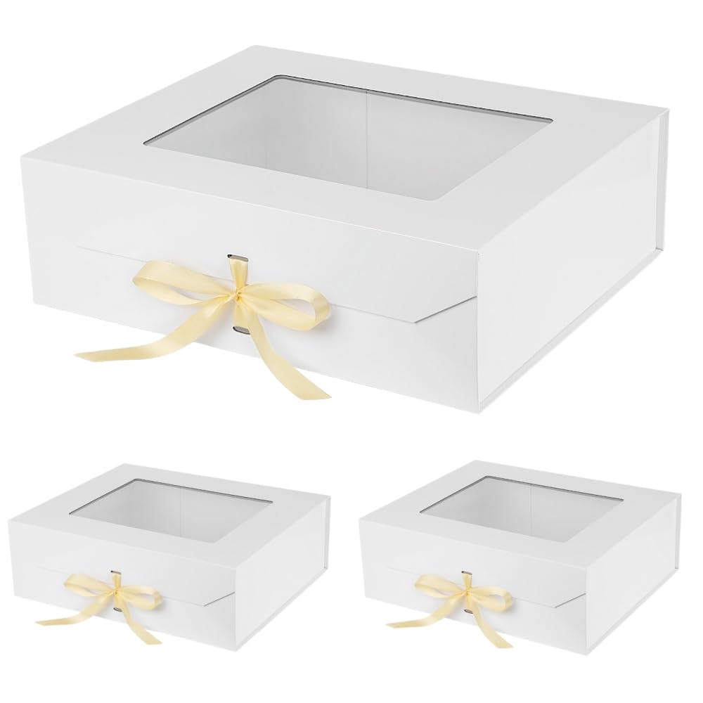 PLINJOY 3 Pcs Extra Large White Gift Box White for Presents with Ribbon 19x16x6 Inches Clear Gift Box with Window Magnetic Closure Gift Boxes with Lids