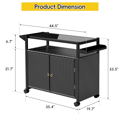MU Outdoor Bar Cart with Storage and Wheels, Outdoor Bar Table with Tempered Glass Top & Shelf, Rolling Wicker Storage Cabinet with Rounded Handle & Side Basket for Backyard, Poolside, Garden, Black - Thumbnail 2