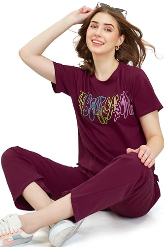 Image of ZEYO Women's Cotton Typography Wide Bottom Night Suit Set of Top & Pajama Set