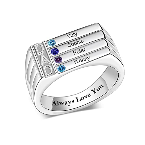 Missnana Custom Dad Rings For Men Sterling Silver Personalized Name Engraving Rings Cubic Zirconia Ring Jewelry Gifts For Father's Day Birthday For Husbands Dad Father Men (4 Stones-Silver) #TOP1