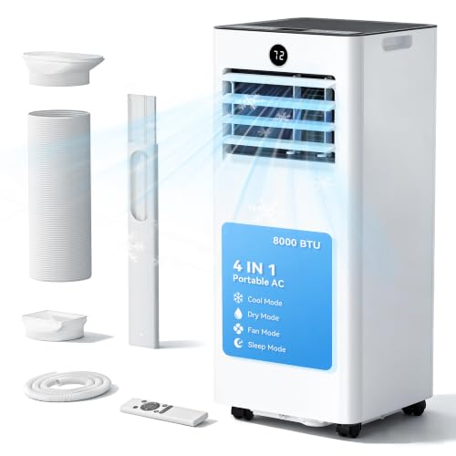 Image of 8000BTU 4-in-1 AC Unit, Cools 350 Sq.Ft, Ultra Quiet | 8000BTU AC cools 350sq.ft, 4-in-1 cool /fan /dry /sleep, quiet, LED, remote, 24H timer, auto swing, kit, for bed /office /dorm.