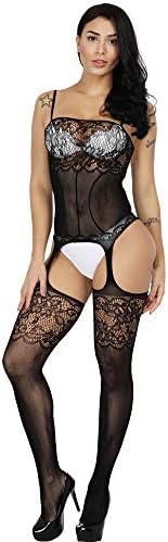 Black QueensHot Sexy Sheer Lingerie Babydoll Suspender Corset Nightie Leotard Body Suit Stocking With Venetian Eyemask, Large