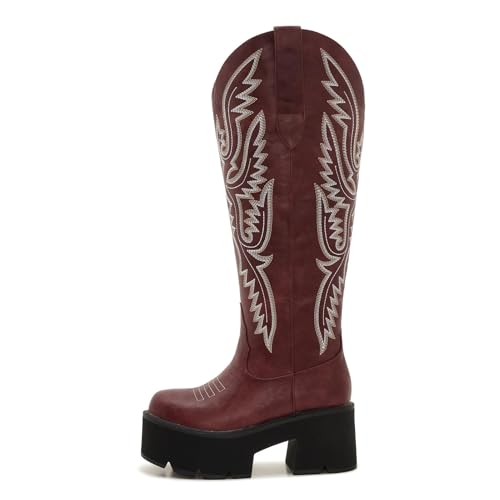 Image of Uillnoodu Women's Red Platform Cowgirl Boots with Zipper - Western Knee-High Chunky Sole Cowboy Boots