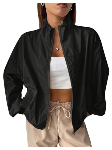 Verdusa Women's Lightweight Windbreaker Jacket Zip Up Drawstring Drop Shoulder Casual Jacket Outerwear Waterproof Black X-Small