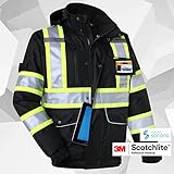 JKSafety 10 Pockets Hi-Vis Waterproof 3M Reflective Winter Bomber Jacket | Black Color | Secured Tablet Pocket | Detachable Hood and Retractable ID Pocket | ANSI Compliant (118-Black, Large)