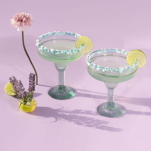 Hand Blown Margarita Glasses – Set Of Two Beautiful Glasses With Aqua Rims – Handcrafted By Talented Artisans – Hold 10 Ounces Each -Thick & Sturdy – Easy To Hold – Each Glass Is Unique #TOP4