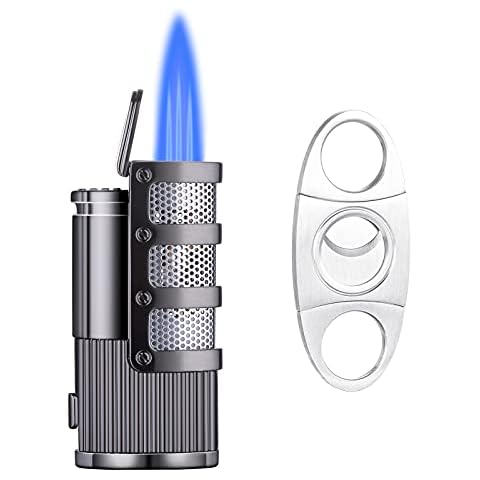 Cigar lighter, Triple Jet Torch Butane Refillable Lighters with Cigar Punch Cigar Cutter, Multi-Functional Cigar Accessories, Windproof Lighters for Smoking with Gift Box (Butane Not Included) Cover