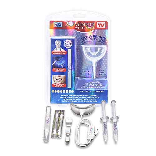 20 Minute White Smile - As Seen on TV - Home Teeth Whitening Gel Kit, LED Light Accelerator - Safe for Sensitive Teeth, Professional Home or Mobile Whitening Kit works w iPhone, Android, Type-C & USB