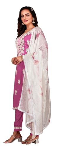 Salwar Kameez Lucknowi haut de gamme en rayonne brodée et son étole en soie