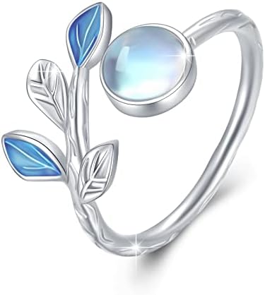 ConBo Olive Leaf Open Ring Moonstone Leaf Adjustable Ring s925 Sterling Silver Women's Rings Jewelry Gifts for Women Girls Wife Girlfriend Birthday